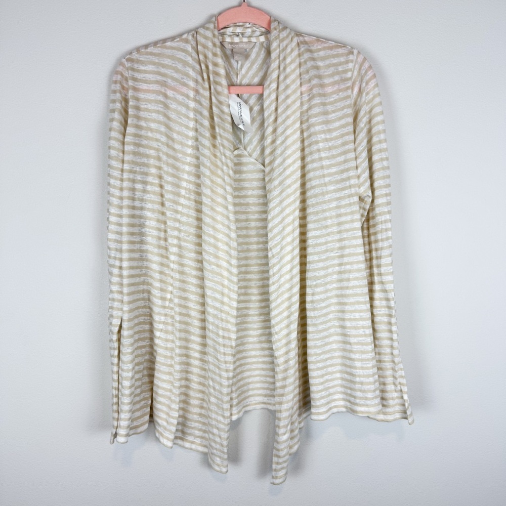 NWT Banana Republic Tan‎ White Striped Linen Blend Lightweight Open Cardigan Med